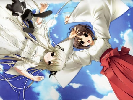 On The Sky! - pretty, anime, anime girl, beautiful, kimono girl, flying, brown hair, happy, white hair, animated, anime cute girl, anime girls, sky