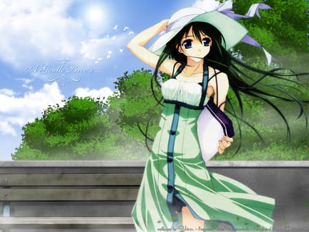 A Gentle Breeze - hat, anime, trees sky, dress, girl, long, hair, black, stairs, wind, green