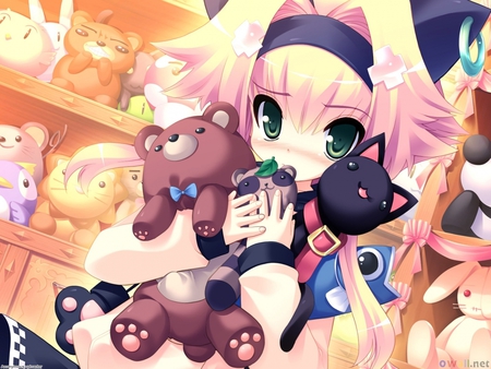 There All Mine :3 - pig, neko, plushies, racoon, eyes, headband, blush, pink, bunny, hair, cat, bear, stuff animals, green, plush, fish