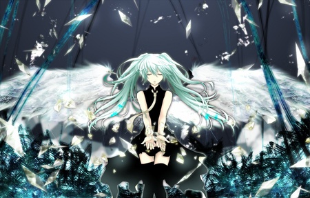 Hatsune Miku - falling, tie, shards, blue, queen, angel, pigtails, glow, black, white, fly, wings, broken, feathers, glass