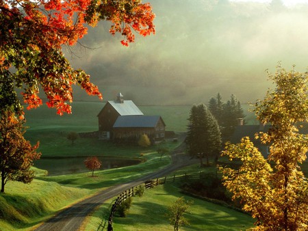 Lovely Barn - sky, trees, water, dirt, road, bard, calm, fall, cool, cloudy, leaves, grass, pond