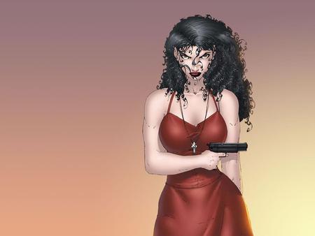 Anita Blake - cross, gun, necromancer, green eyes, red dress