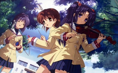 Clannad girls - schoolgirls, trees, violin, ryou fujibayashi, brown hair, long hair, uniform, nagisa furukawa, short hair, music, musical instruments, kotomi ichinose, blue hair, clannad, purple hair