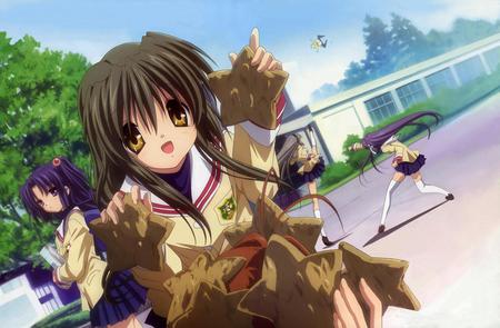 Please, accept this! - star, schoolgirls, tomoyo sakagami, long hair, uniform, short hair, kotomi ichinose, blue hair, yard, clannad, purple hair, sky, dark hair, school yard, trees, youhei sunohara, brown hair, kyou fujibayashi, nagisa furukawa, starfish, fuko ibuki, gray hair