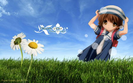 Ushio - hat, kawaii, grass, flowers, ushio okazaki, cute, field, clannad, sky