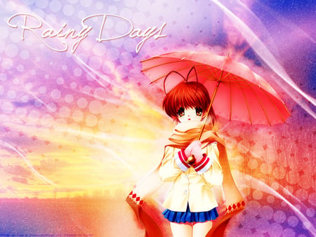 Rainy days - clannad, umbrella, schoolgirl, rainy days, uniform, short hair, nagisa furukawa, brown hair