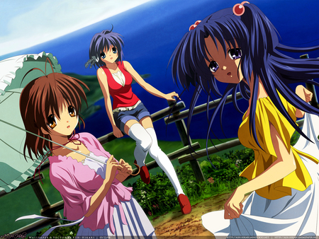 Clannad girls - long hair, purple hair, brown hair, blue hair, kotomi ichinose, clannad, ryou fujibayashi, umbrella, short hair, nagisa furukawa