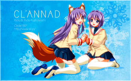 Sisters - schoolgirls, ears, ryou fujibayashi, long hair, uniform, kyou fujibayashi, short hair, fox tail, clannad, purple hair