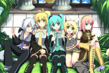 Elf Vocaloid Girls - aqua, hot, thighhighs, music, anime girl, white, art, blonde hair, yellow, cool, aqua eyes, artistic, hatsune miku, sexy, skirt, kagamine rin, song, vocaloids, program, vocaloid, pink, beautiful, diva, yowane haku, beauty, nice, unifor, twintail, singer, aqua hair, black, virtual, pretty, megurine luka, idol, anime, cute, akita neru, elf, girl, pink hair, cg, green eyes, tie, awesome, digital, gray, blonde, outfit, gray hair