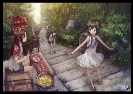 anime girls - group of girls, stairs, cute, trees