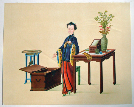 Chinese painting - vase, trunk, chinese painting, cufar, table, masa, vaza, woman, femeie, pictura chineza