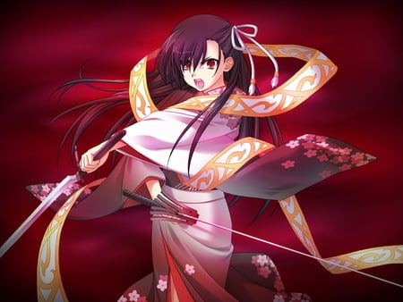 Legendary Warrior - game, anime, lass, beautiful, girl, kimono, long hair, kusakabe misao, wield, 11 eyes, dual, katana, black hair, visual novel