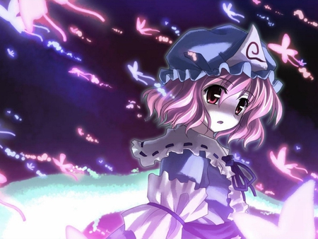 Fantasy World - animated, pink hair, anime girl, saigyouji yuyuko, purple sky, anime cute girl, fantasy world, touhou, fantasy anime, pretty, blue dress, beautiful, anime, sad girl, short hair, butterflies