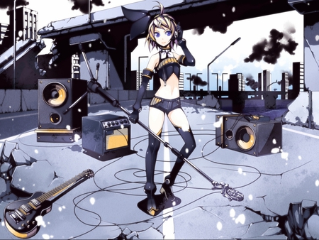 Vocaloid - guitar, blue eyes, anime girl, anime cute girl, rock band, rin, pretty, badass vocaloid, anime rocker, vocaloid, beautiful, anime, streets, sing