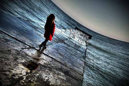 Solitude - seagulls, sky, photography, water, walk, ocean, sadness, sad, walking, dream, waves, alone, abstract, beautiful, red, blue, solitude, photo