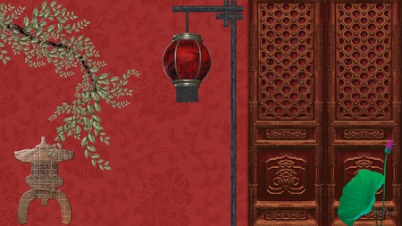 Oriental Surprise - lamp, firefox persona, lantern, leaves, tree, flowers, oriental, chest, red, pagoda