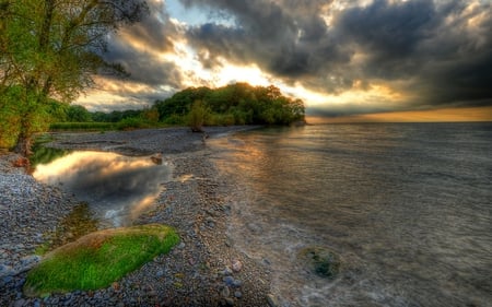 Beautiful Sky - beautiful, grass, view, tree, nature, sunset, colorful, stormy, water, landscape, beauty, stones, peaceful, lake, sky, sand, storm, reflection, clouds, lovely, splendor, trees, colors, green