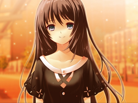 Happy Girl - brown dress, beautiful, epic anime, sunshine, brown hair, hair, afternoon, animated, anime cute girl, awesome anime, pretty girl, blue eyes