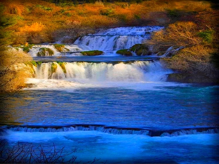 BLUE CASCADE - sunlight, forest, cascade, falls