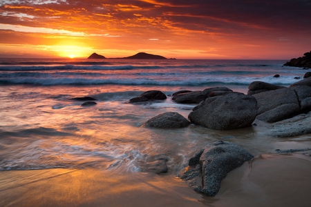 Sunset - beauty, sky, beach, peaceful, colorful, sunset, rocks, view, reflection, clouds, sand, ocean, summer, lovely, waves, nature, beautiful, splendor, colors, sea