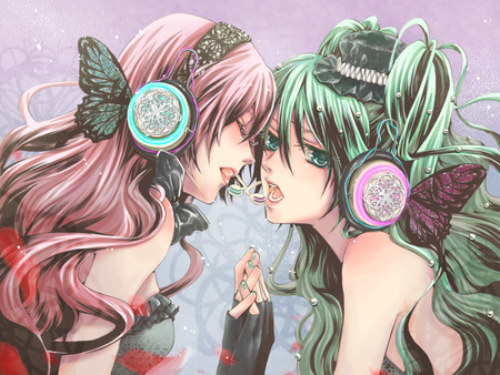 miku-luka - anime, vocaloid, entwined hands, faded, speakers, green hair, girls, headphones, friends, pink hair