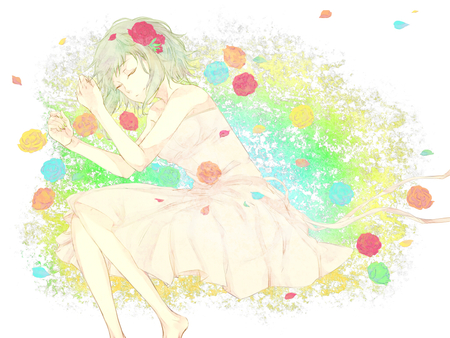 gumi - asleep, vocaloid, anime, gumi, fowers, short green hair