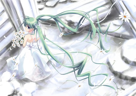 original - twin tails, flowers, pretty, anime, girl, wedding, green hair, wedding dress