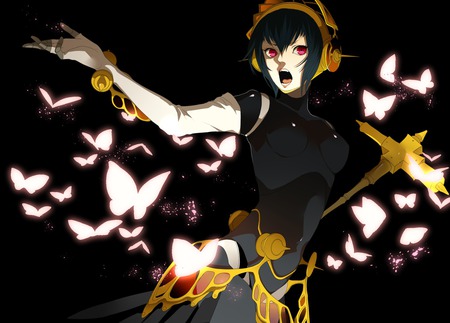 Metis - persona 3 fes, hammer, persona, red eyes, shin megami tensei, butterfly, black hair, weapon, headdress, android, video game