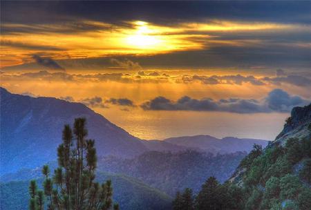 Nearly on Top of the World - sky, ocean, trees, mountains, sunset, stunning, view, clouds, beautiful