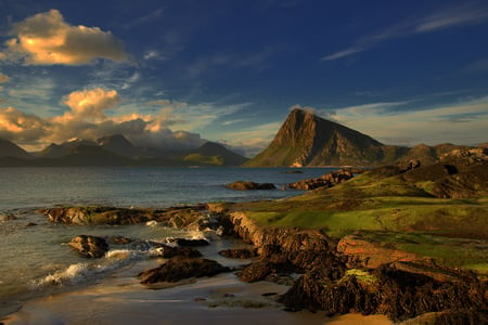 Landscape - clouds, beach, beautiful, landscape, sea, grass, ocean, sunset, waves, mountains, sky