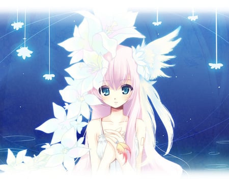 ice petals - ice, luka, delicate, wings, night, pretty, petals, blu eyes, flowers, pale pink hair, anie