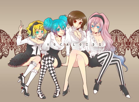 vocaloids - pretty, girlsfriends, anime, luka, rin, tights, miku, thigh highs, heels