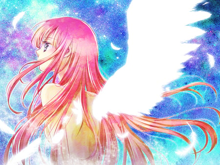 megurine luka - megurine luka, feather, pretty, pink, beauty, anime, wings, long hair, blue eyes