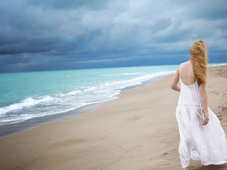 Girl walks alone - people, walk, beach, sea, woman