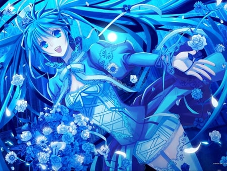 Hatsune Miku - animated, hatsune miku, blue flowers, blue eyes, long hair, anime girl, blue hair, pretty, blue background, vocaloid, beautiful, singing, anime