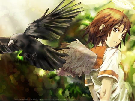 The Protector - golden eyes, sunshine, orange uniform, anime school girl, anime angel, anime girl, brown hair, black bird, pretty girl, anime, the protector