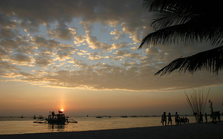 Sunset At The Beach - boats, sunset, people, beach, beautiful