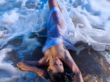 ON THE BEACH - beach, female, waves, foam, dress