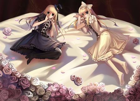 anime girls - flowers, sleep, yelow hair, black eyes, dress, long hair