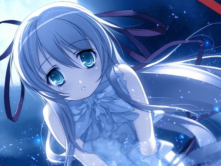 The Legendary Luna - moon, nightfall, stars, female, long hair, night, epic anime, white dress, anime girl, the legendary luna, blue pretty eyes, anime cute girl, pretty girl, anime, silver hair