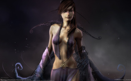 Necromancer - pretty, female, dress, digital art, girl, beauty, olivier ponsonnet, cg, fantasy, necromancer, purple, hd, face, art