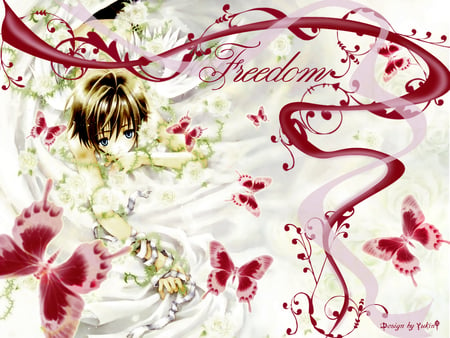 freedom anime - white, red, butterflies, ribbons