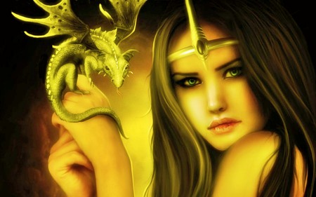 Fantasy Girl - hands, face, girl, lips, eyes, hand, dragon, fantasy