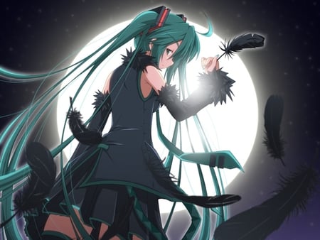 Hatsune Miku - aqua, hot, thighhighs, music, anime girl, white, art, cool, dark, aqua eyes, artistic, hatsune miku, sexy, skirt, light, song, vocaloids, glow, beautiful, uniform, diva, beauty, voclaoid, nice, sky, twintail, singer, aqua hair, black, pretty, idol, clouds, anime, miku, cute, moon, stars, feathers, girl, night, cg, crow, hatsune, virtual program, tie, awesome, digital