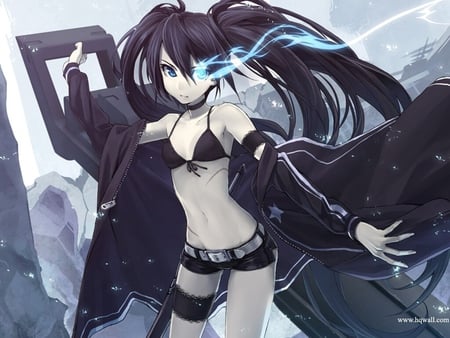 Anime Girl - anime, blue, girl, long, pigtails, hair, glow, black, jacket