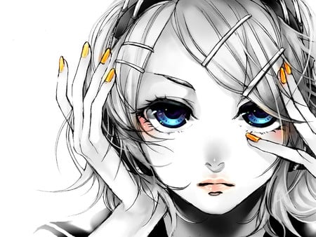 Anime Girl - blush, pink, black, pins, nails, yellow, eyes, blue, white, lips, short, hair