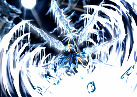 Frozen Death - moon, anime girl, cirno, beautiful, hot, dress, beauty, short hair, ice, touhou, cute, weapon, bow, sexy