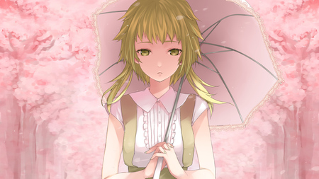 Cherry Blossoms - anime girl, vocaloid, cherry blossoms, beautiful, hot, dress, beauty, green eyes, green hair, gumi, umbrella, cute, vocaloids, sexy