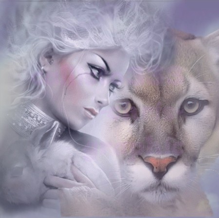 Woman And Her Cougar - animal, cougar, 3d, abstract, woman, manipulation