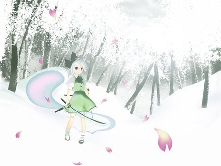 Touhou - snow, konpaku, girl, sword, project, cool, hair, youmu, white, touhou, katana, cute, weapon